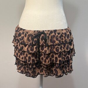 Leopard Coquette Ruffle Boho Tiered Bloomer Skort Women M Brown